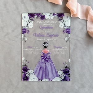 Kundengerechte Acryl Quinceamaßa Einladungen, violettes Kleid Bonbon 16 Einladung, Acrylhochzeitseinladung, Party Einladung Umschlag