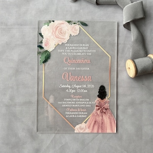 Acryleinladung Roségoldenes Kleid Sweet 16einladung, Goldrand Quinceanera Einladungen, Sweet Sixteen Acrylkarte