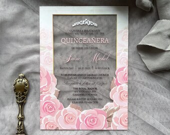 Pink Rose Acrylic Quinceañera Invitation: Blush & Rose Gold