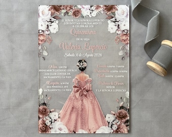 Aangepaste acryluitnodiging quinceañera: roségouden jurk, sweet 16, bruiloft