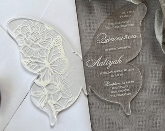 Acryl witte vlinder quinceañera-uitnodiging, Sweet Sixteen Invite, aangepaste acryluitnodiging, vlinderuitnodiging