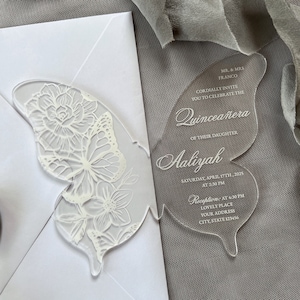 Acrylic White Butterfly Quinceañera Invitation, Sweet Sixteen Invite, Custom Acrylic Invite, Butterfly Invitation