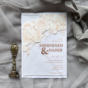 Acryl Gold Und Weiß Floral Einladungen, Hochzeitseinladungen, Rosen Einladung, Personalisierte Hochzeitskarte mit Umschlag Kostenloser Versand