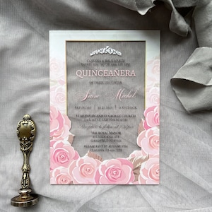 Acryl Rosa und Rose Gold Quinceañera Einladung, Blush Rose Klare Acryl Einladungen, Quinceañra Geburtstagsparty, Sweet 15 16, Mis Quince