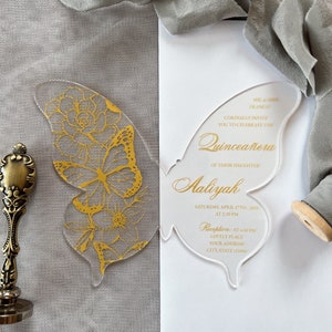 Acryl goldene Schmetterling Quinceamaßa-Einladung, Sweet Sixteen einladen, kundenspezifische Acryl einladen, Schmetterlings-Einladung