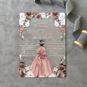 Kundengerechte Acryl Quinceamaßa Einladungen, Rosé-Goldkleid Bonbon-16 Einladung, Acrylhochzeitseinladung, Partei-Einladung Umschlag
