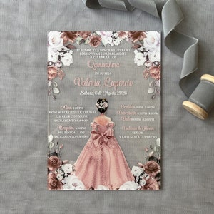 Customizable Acrylic Quinceañera Invitations, Rose Gold Dress Sweet 16 Invitation, Acrylic Wedding Invitation, Party Invitation Envelope