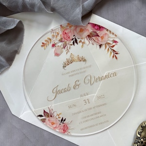 Blush Floral Circle Acrylic Card Customizable Acrylic Quinceañera Invitations Sweet 16 Transparent Invites Party Invitation Envelope