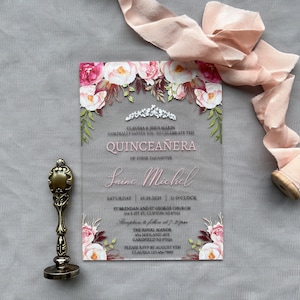 Invitación de quinceañera de rubor acrílico elegante, Invitaciones de fiesta dulces 16, Invitación acrílica con sobre, Invitación de boda
