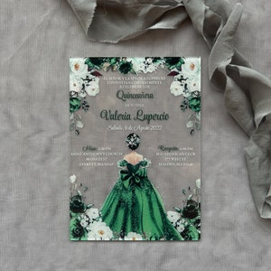 Customizable Acrylic Quinceañera Invitations, Emerald green Dress Sweet 16 Invitation, Acrylic Wedding Invitation, Party Invitation Envelope