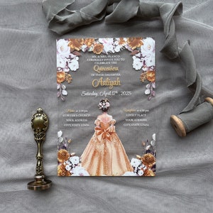 Invitaciones de quinceañera de acrílico personalizables, invitación de quinceañera con vestido dorado, invitación de boda de acrílico dorado, invitación de fiesta