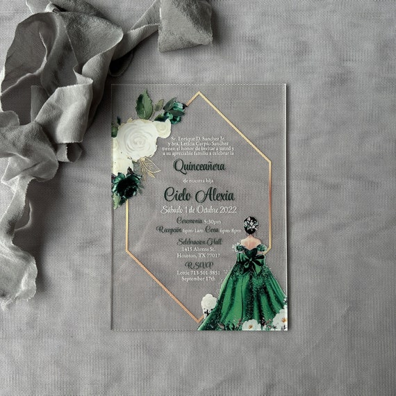 Emerald Green Quinceanera Invitation Sweet 16, Gold Foil Sweet Sixteen