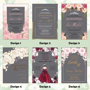 Op de afbeelding: Zes verschillende ontwerpen voor Quincea&ntilde;era-uitnodigingen. Elk ontwerp heeft een grijze achtergrond met roze en witte bloemenillustraties. De tekst op de uitnodigingen bevat de naam "Saine Michel" en de datum van het evenement.