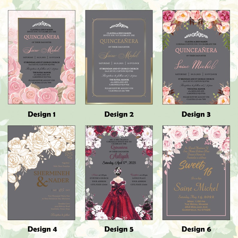 Op de afbeelding: Zes verschillende ontwerpen voor Quincea&ntilde;era-uitnodigingen. Elk ontwerp heeft een grijze achtergrond met roze en witte bloemenillustraties. De tekst op de uitnodigingen bevat de naam "Saine Michel" en de datum van het evenement.