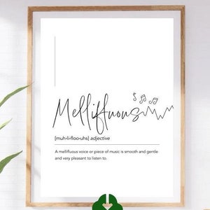 Engelse definitieprint - WordArt-poster &#39;Mellifluous&#39;, minimalistische zwart-wit digitale download, 300 dpi kunstprint met betekenis