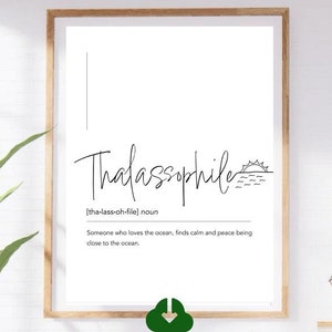 Engelse definitieprint - &#39;Thalassophile&#39; Word Art-poster, minimalistische zwart-wit digitale download, 300 dpi kunstprint met betekenis