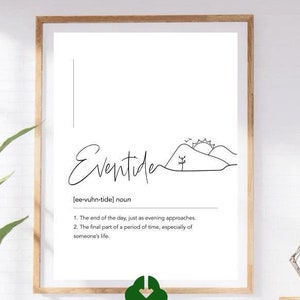 Engelse definitieprint - &#39;Eventide&#39; Word Art-poster, minimalistische zwart-wit digitale download, 300 dpi kunstprint met betekenis
