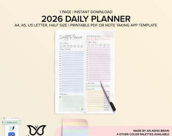 Pode incluir: Um planejador diário de 2026 com um esquema de cores pastel, com seções para agendamento e anotações. Disponível nos tamanhos A4, A5 e US Letter, como PDF imprimível ou modelo de aplicativo de anotações. O texto "Daily Planner" é visível.
