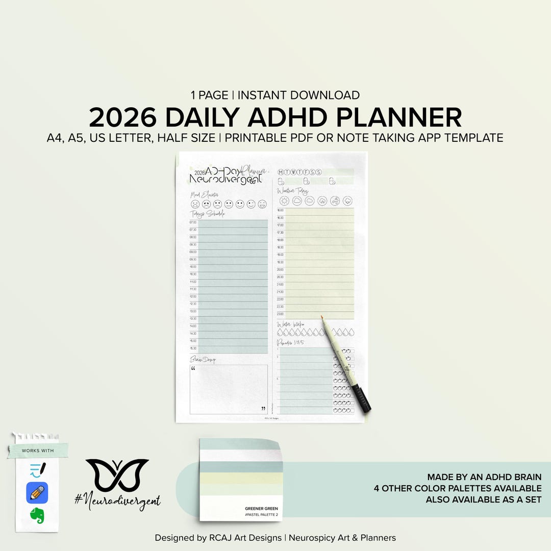 2026 Daily ADHD Digital Habit Tracker (a4/a5/letter/half Size) Green ...