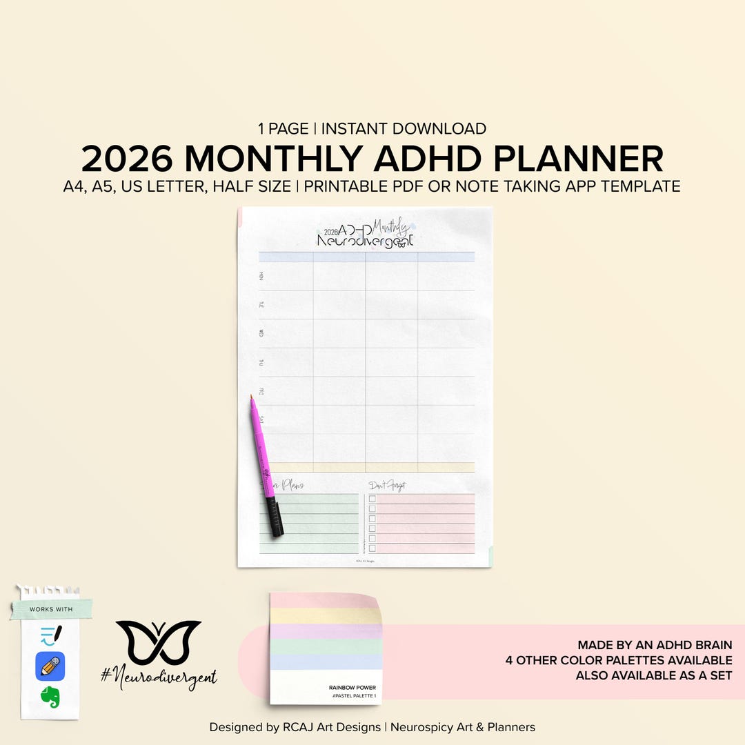 2026 Monthly ADHD Digital Habit Tracker (a4/a5/letter/half Size ...