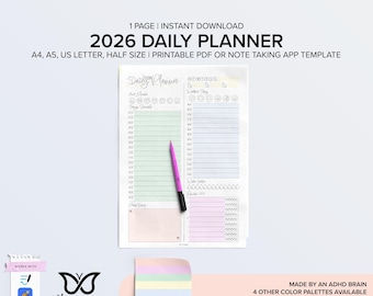 Pode incluir: Um modelo de planejador diário de 2026 com um esquema de cores pastel, uma caneta rosa e o texto "Daily Planner". O planejador está disponível nos tamanhos A4, A5, US Letter e meio tamanho como um PDF imprimível. Inclui o texto "Made by an ADHD brain."