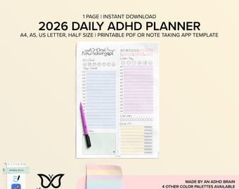 Pode incluir: Um planejador diário de TDAH 2026 imprimível, com um layout colorido para organizar os dias. Disponível nos tamanhos A4, A5 e US Letter. Uma caneta rosa e uma paleta de cores pastel também são mostradas. O texto diz "Made by an ADHD brain".