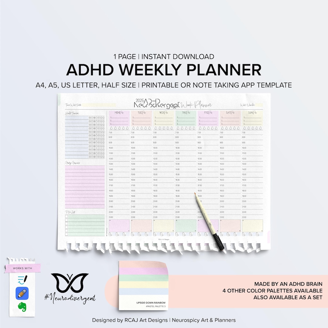 ADHD Printable Weekly Planner, Instant Download Digital Planner A4/a5 ...