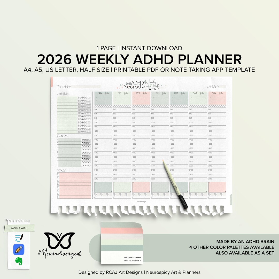 2026 Weekly ADHD Digital Habit Tracker (a4/a5/letter/half Size) Red ...