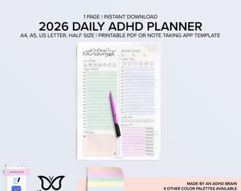 Pode incluir: Um planejador diário de TDAH imprimível de 2026 com um layout colorido. O planejador inclui seções para agendamento, anotações e um rastreador de humor. Uma caneta rosa está sobre o planejador. O texto diz "2026 Daily ADHD Planner".