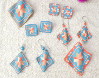 Quilt Jewelry - Blue & Coral Star - Post earrings - Polymer Clay - Quilter's Gift - Quilt Dangle Earrings - Brooch