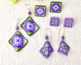Purple Trip Round the World Quilt Jewelry - Quilt Earrings - Polymer Clay - Quilter's Gift