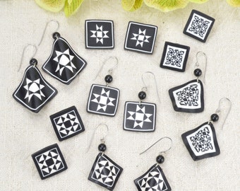 Black & White Ohio Star Quilt Jewelry - Quilt Squares Earrings - Polymer Clay - Quilter Gifts