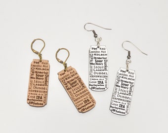 Engraved Beer Earrings - Craft Beer Gift - Beer Jewelry - Beer Styles Earrings - Craft Beer Jewelry - Beer Gear - Beer Geek Gift