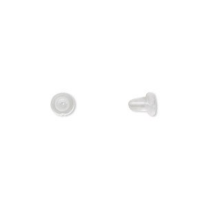 May include: Two small, translucent earring backs are displayed against a white background. One is viewed from the top, showing a flat, disc-like shape. The other is seen from the side, revealing a post-like design with a wider, rounded end.