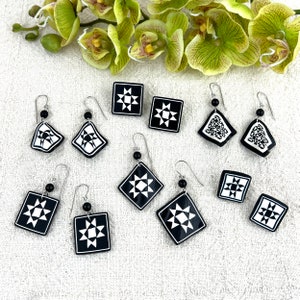 Quilt Jewelry - Black & White Ohio Star - Quilt Squares Earrings - Polymer Clay - Quilter Gifts
