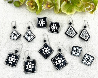 Quilt Jewelry - Black & White Ohio Star - Quilt Squares Earrings - Polymer Clay - Quilter Gifts
