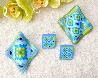 Blue Trip Around the World Quilt Design Jewelry - Quilt Earrings - Polymer Clay - Quilter's Gift - Quilt Brooch