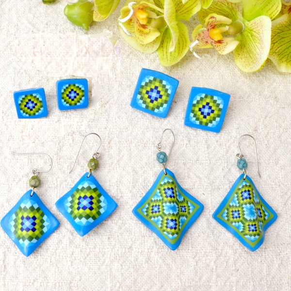 Quilt Jewelry - Turquoise Trip Around the World - Quilt Earrings - Polymer Clay - Quilter's Gift