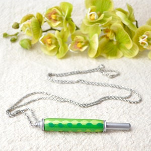 Peut inclure: Un collier vert et argent&eacute; avec un pendentif cylindrique. Le pendentif pr&eacute;sente un motif ondul&eacute; et pointill&eacute; vert et blanc. La cha&icirc;ne du collier est argent&eacute;e et en forme de corde. Le fond pr&eacute;sente des fleurs vertes et jaunes.