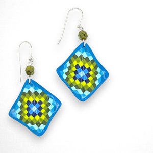 Quilt Jewelry - Turquoise Trip Around the World - Quilt Earrings - Polymer Clay - Quilter's Gift