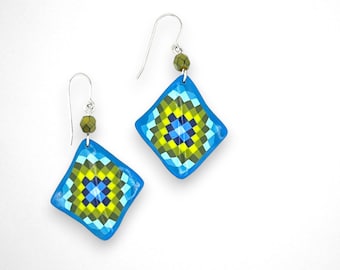Quilt Jewelry - Turquoise Trip Around the World - Quilt Earrings - Polymer Clay - Quilter's Gift