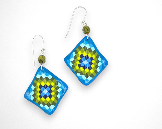 Quilt Jewelry - Turquoise Trip Around the World - Quilt Earrings - Polymer Clay - Quilter's Gift