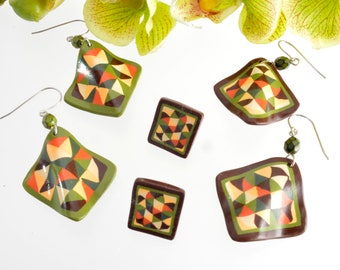 Quilt Jewelry - Fall Triangle - Quilt Earrings - Polymer Clay - Quilter's Gift