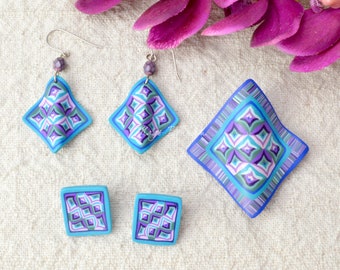 Quilt Jewelry -Purple Log Cabin - Quilt Squares Earrings - Polymer Clay - Quilter Gift