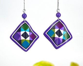 Quilt Jewelry - Purple Ohio Star - Quilt Earrings - Polymer Clay - Quilter's Gift