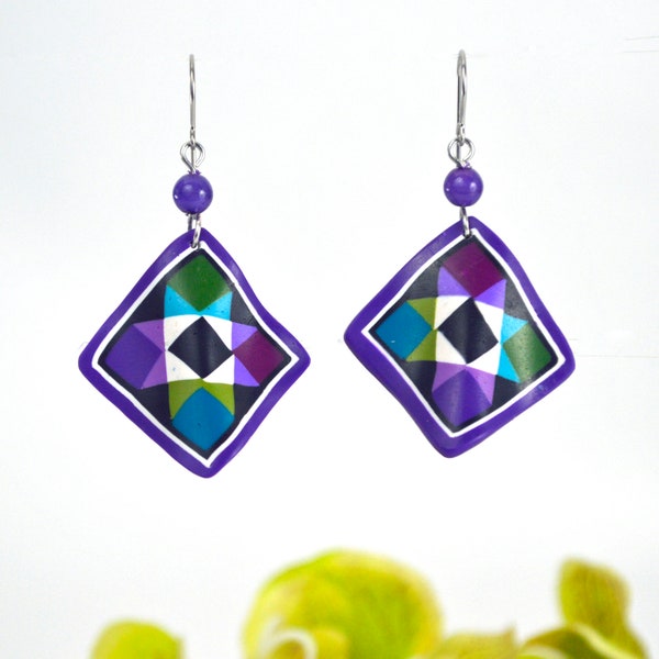 Quilt Jewelry - Purple Ohio Star - Quilt Earrings - Polymer Clay - Quilter's Gift