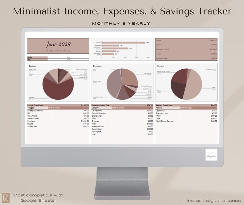 Minimalist Income, Expense, &amp; Savings Tracker | Monthly and Yearly | Personal Financial Planner ...