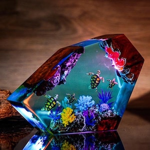Turtles Night Light, Deep Ocean Epoxy & Wooden Night Lights, Epoxy Resin Wood Table Lamp, Gift for Him, Christmas Gift