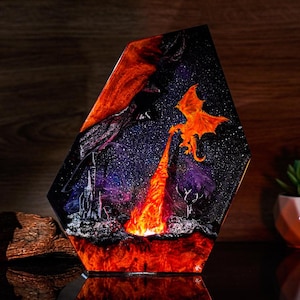 Diorama Fire Dragon Lamp, Dragon Resin night light, Ice & Fire Dragon Lamp- Handmade Fantasy Decor, Unique Gift for Him, Back to school gift