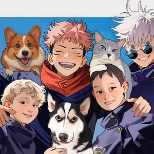 Portrait personnalisé de famille Jujutsu Kaisen, illustration de dessin animé personnalisée, cadeau pour les amateurs d&#39;anime, cadeau de Noël